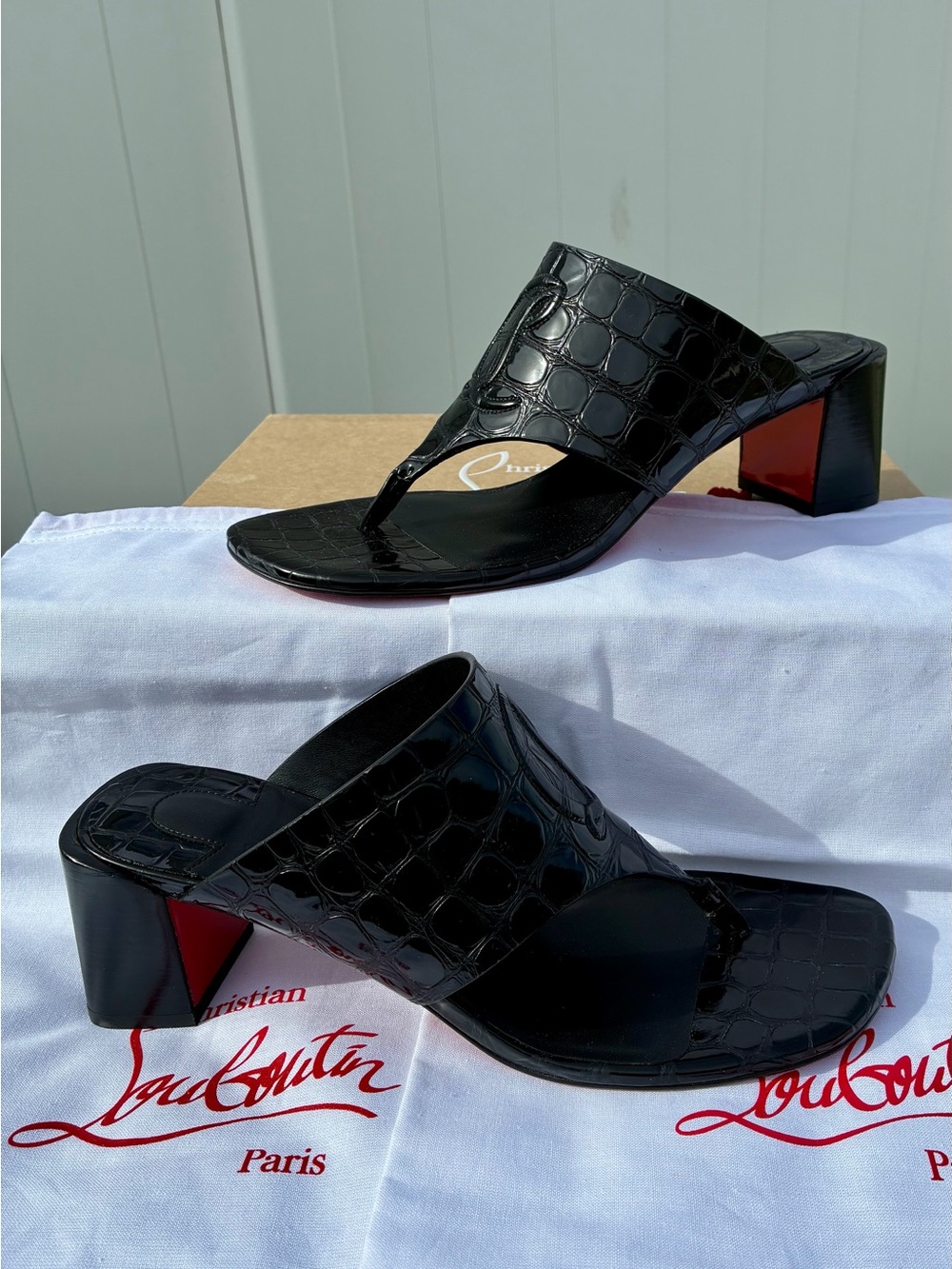CHRISTIAN LOUBOUTIN CL TONGAMULE SANDALS LOGO BLACK CROC LEATHER SZ 38.5 NEW - Picture 8 of 16